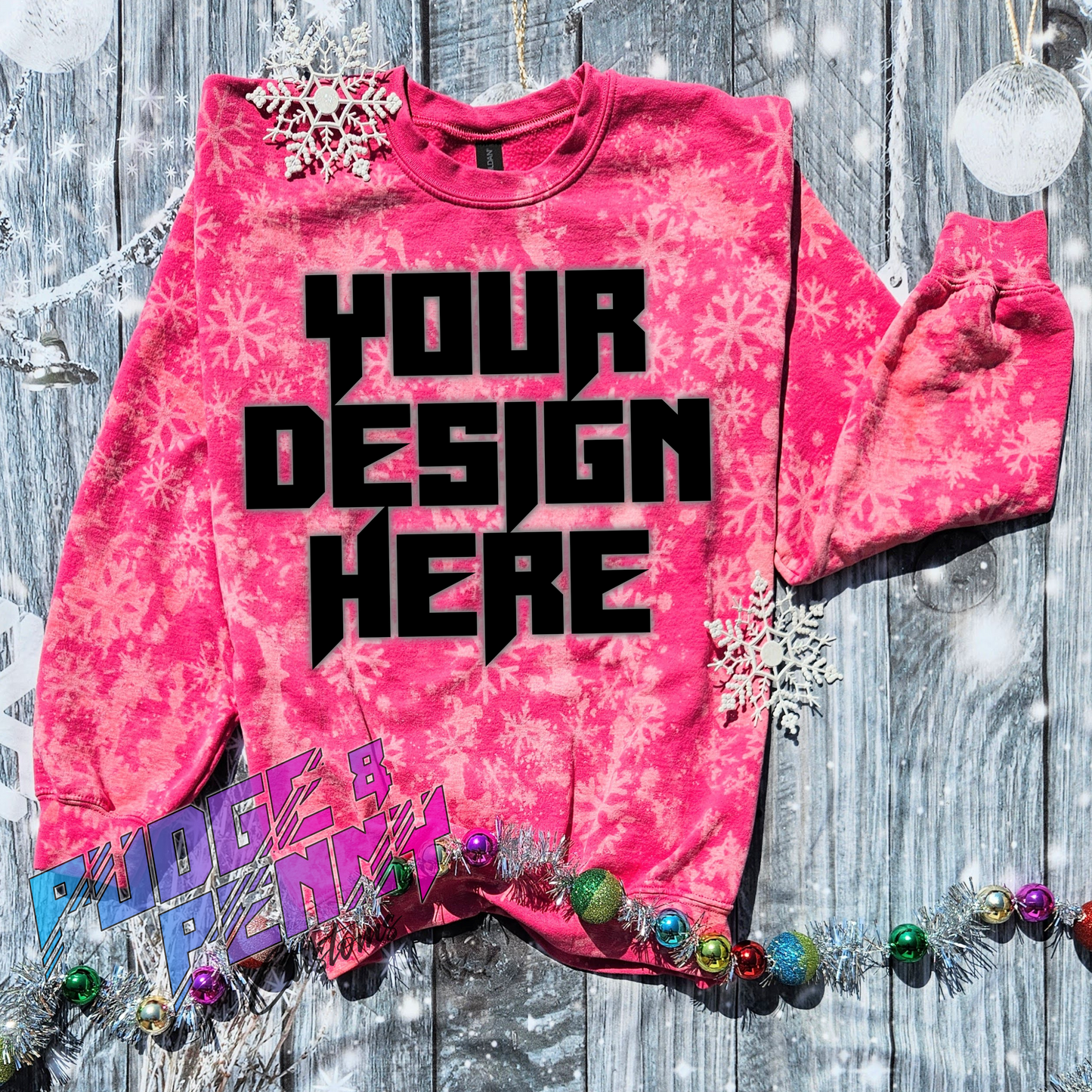 Mockup - Gildan Sweatshirt Snowflakes Bleached Heliconia