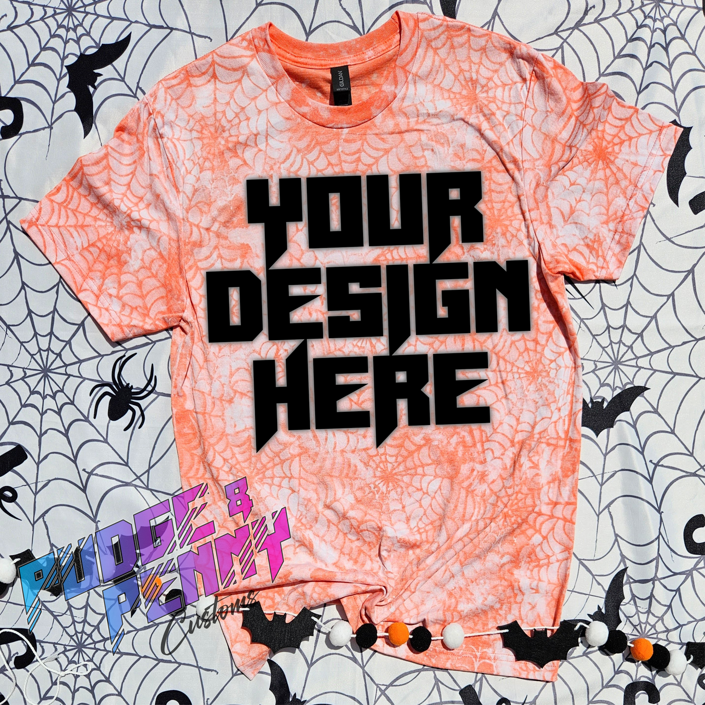 Mockup - Gildan Softstyle Heather Orange Bleached Spiderweb