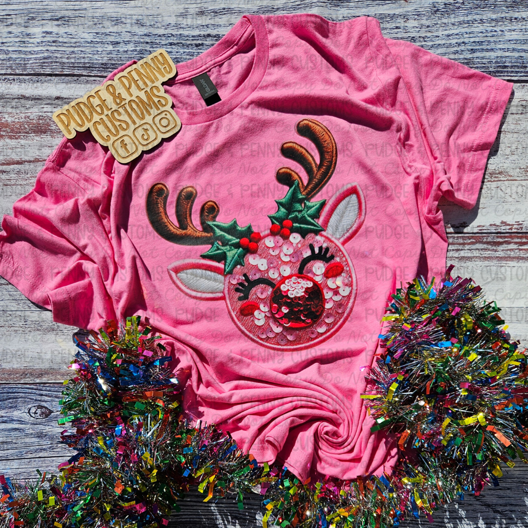 Pink Reindeer Faux Embroidery | RTS | Size L