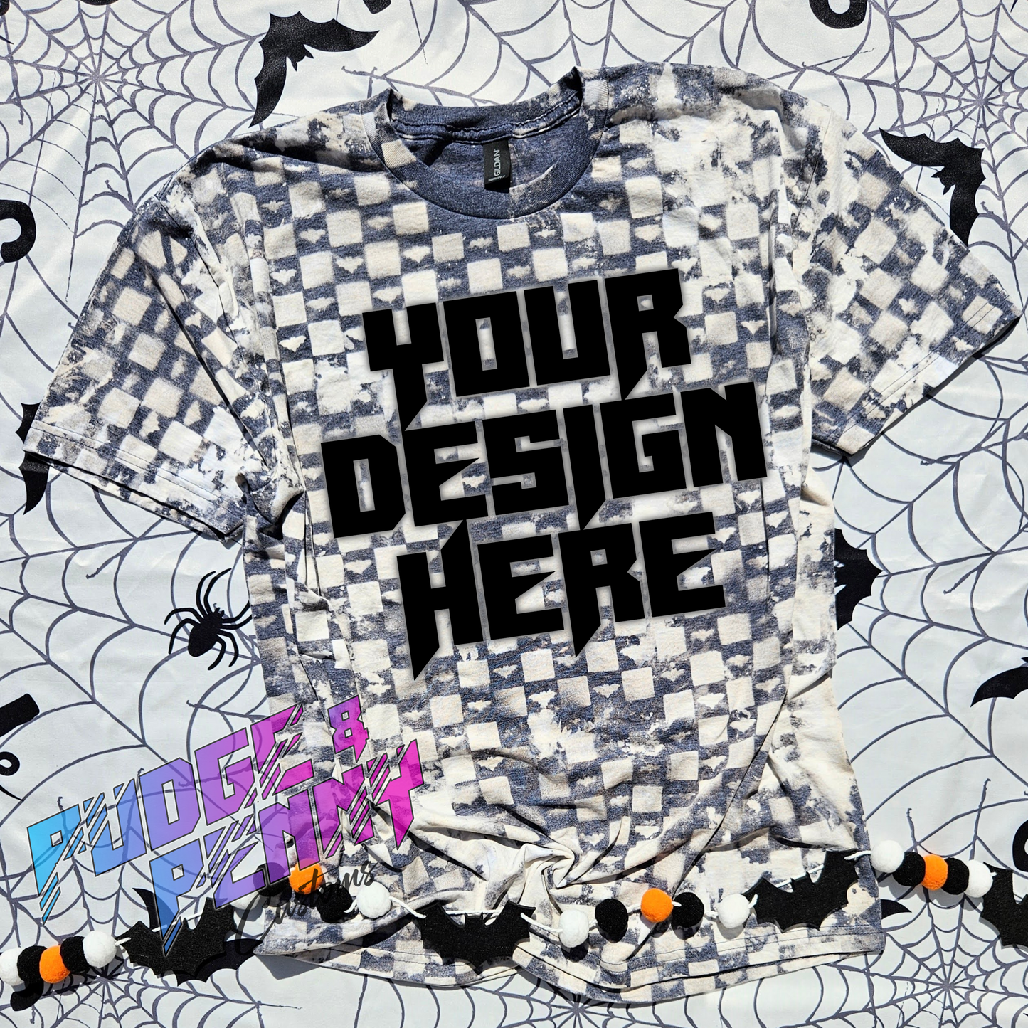 Mockup - Gildan Softstyle Heather Navy Bleached Checkered Bats