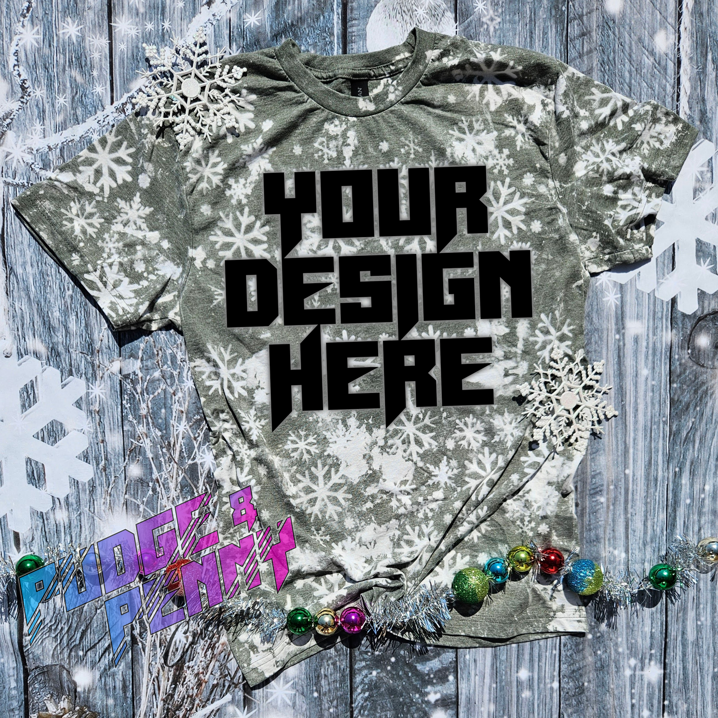 Mockup - Gildan Softstyle Heather Military Green Bleached Snowflakes