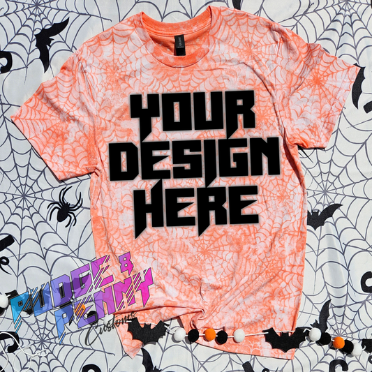 Mockup - Gildan Softstyle Heather Orange Bleached Spiderweb