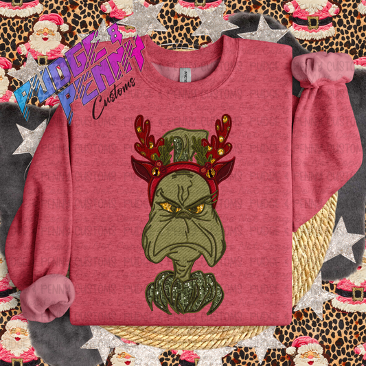 Faux Embroidered Grumpy Green Guy